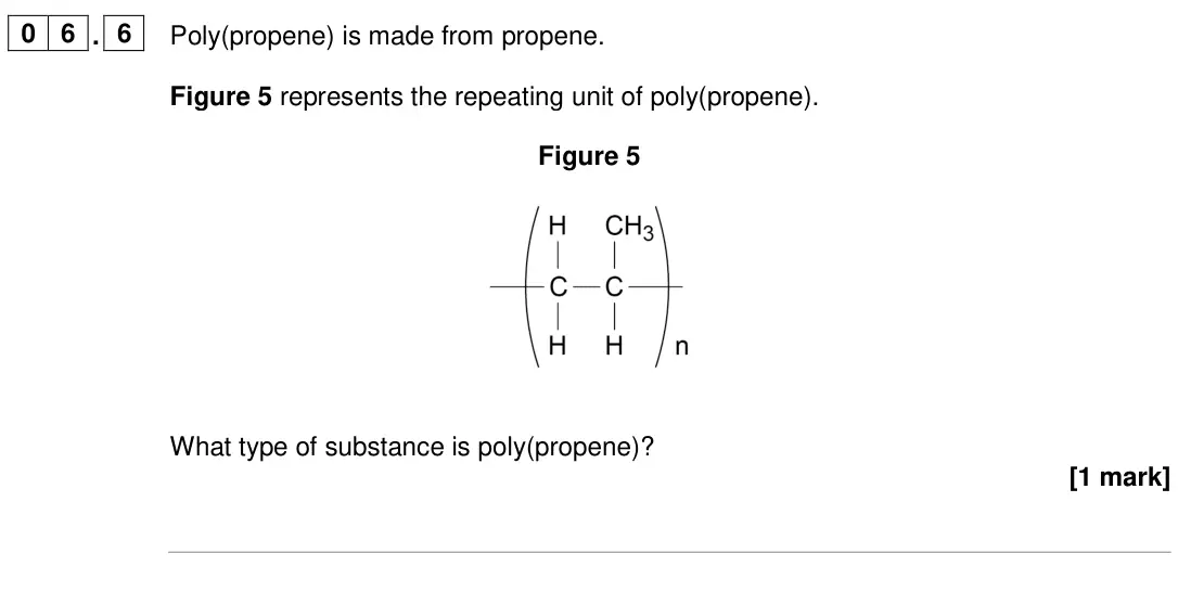 June 2024 Chemistry Paper 2 Foundation, question 06.6: Poly(propene) is made from propene. Figure 5 represents the repeating unit of poly(propene). Figure 5 What type of substance is poly(propene)? [1 mark]