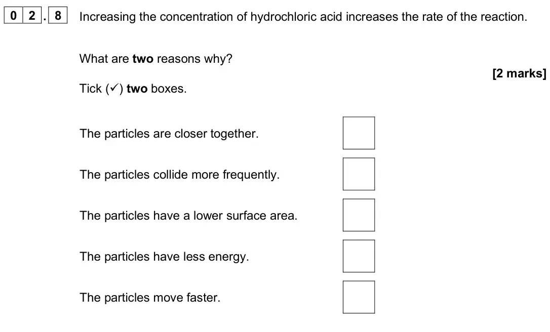 June 2025 Chemistry Paper 2 Foundation, question 02.8: Increasing the concentration of hydrochloric acid increases the rate of the reaction. What are two reasons why? [2 marks] Tick () two boxes. The particles are 