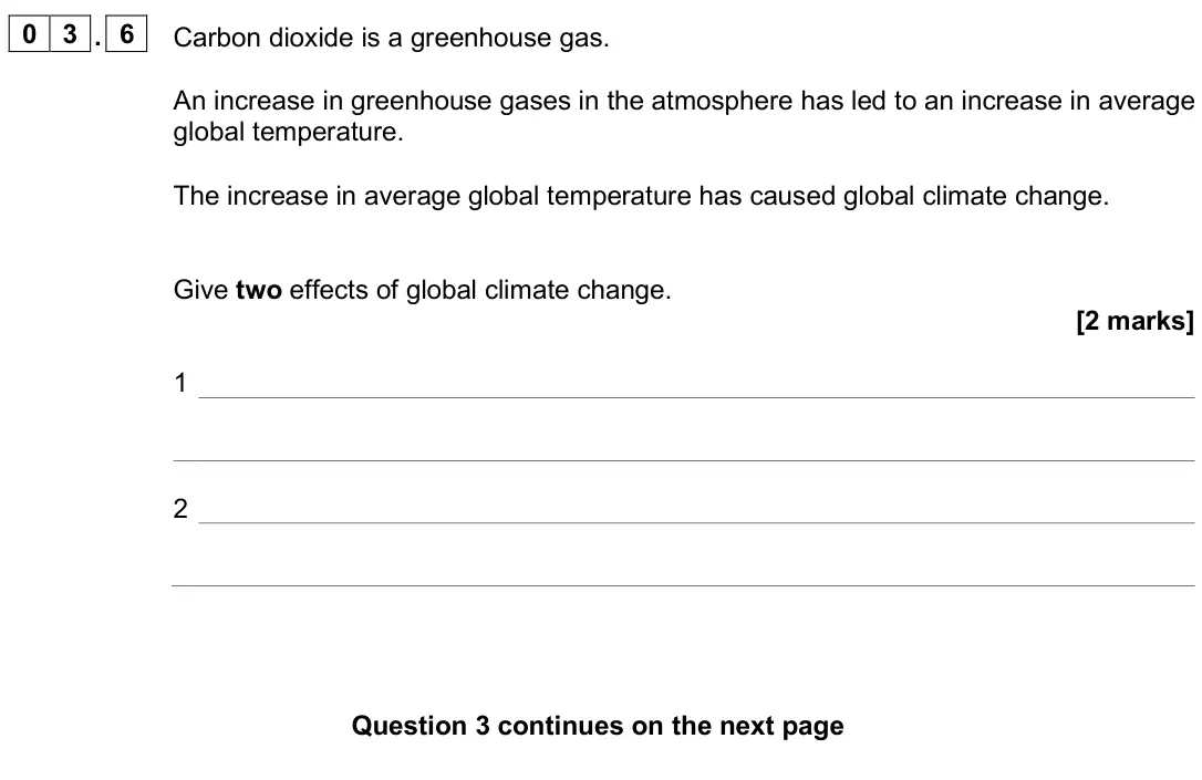 June 2025 Chemistry Paper 2 Foundation, question 03.6: Carbon dioxide is a greenhouse gas. An increase in greenhouse gases in the atmosphere has led to an increase in average global temperature. The increase in aver