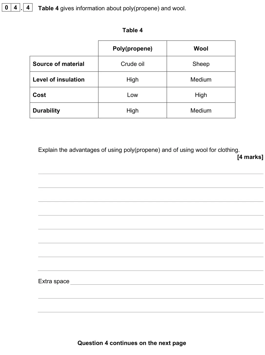 June 2025 Chemistry Paper 2 Foundation, question 04.4: Table 4 gives information about poly(propene) and wool. Table 4 Poly(propene) Wool Source of material Crude oil Sheep Level of insulation High Medium Cost Low H