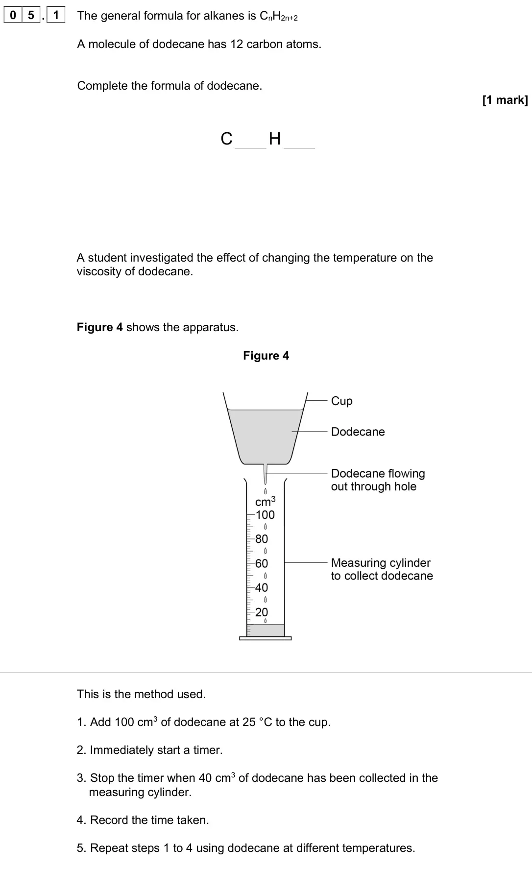 June 2025 Chemistry Paper 2 Foundation, question 05.1: The general formula for alkanes is CnH2n+2 A molecule of dodecane has 12 carbon atoms. Complete the formula of dodecane. [1 mark] C H A student investigated the