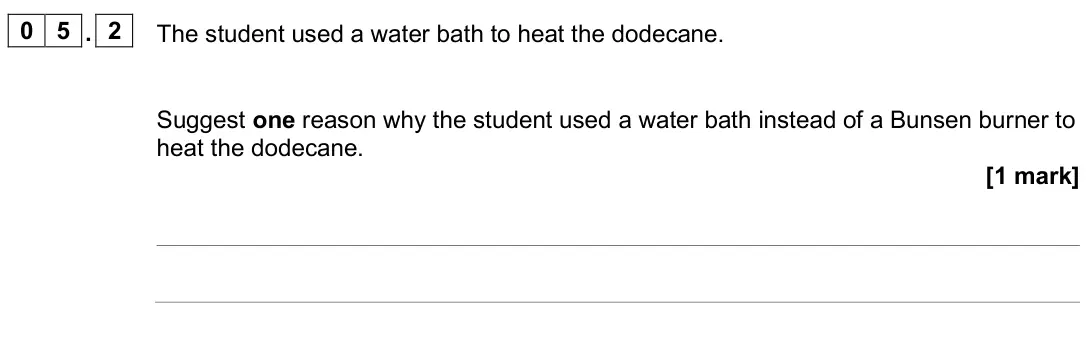 June 2025 Chemistry Paper 2 Foundation, question 05.2: The student used a water bath to heat the dodecane. Suggest one reason why the student used a water bath instead of a Bunsen burner to heat the dodecane. [1 mar