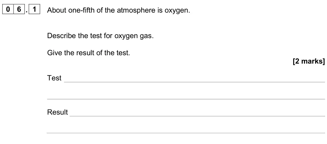 June 2025 Chemistry Paper 2 Foundation, question 06.1: About one-fifth of the atmosphere is oxygen. Describe the test for oxygen gas. Give the result of the test. [2 marks] Test Result