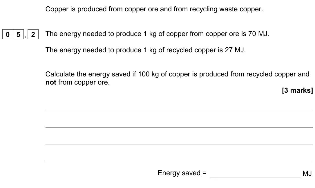 November 2021 Chemistry Paper 2 Foundation, question 05.2: The energy needed to produce 1 kg of copper from copper ore is 70 MJ. The energy needed to produce 1 kg of recycled copper is 27 MJ. Calculate the energy saved