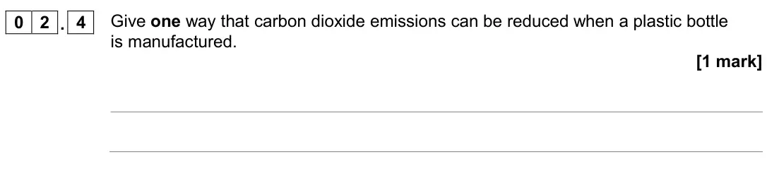 June 2018 Chemistry Paper 2 Higher, question 02.4: Give one way that carbon dioxide emissions can be reduced when a plastic bottle is manufactured. [1 mark]