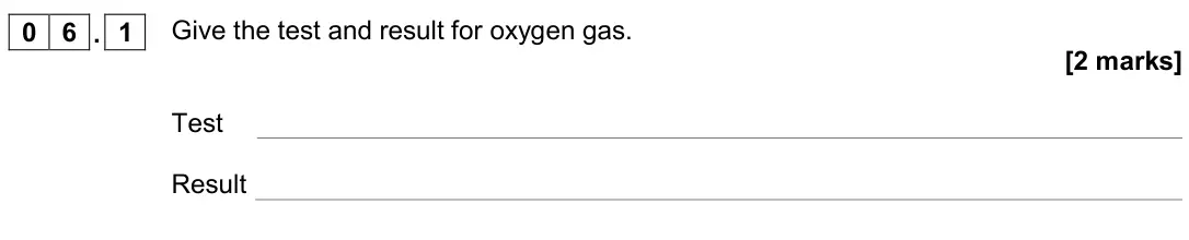 June 2019 Chemistry Paper 2 Higher, question 06.1: Give the test and result for oxygen gas. [2 marks] Test Result