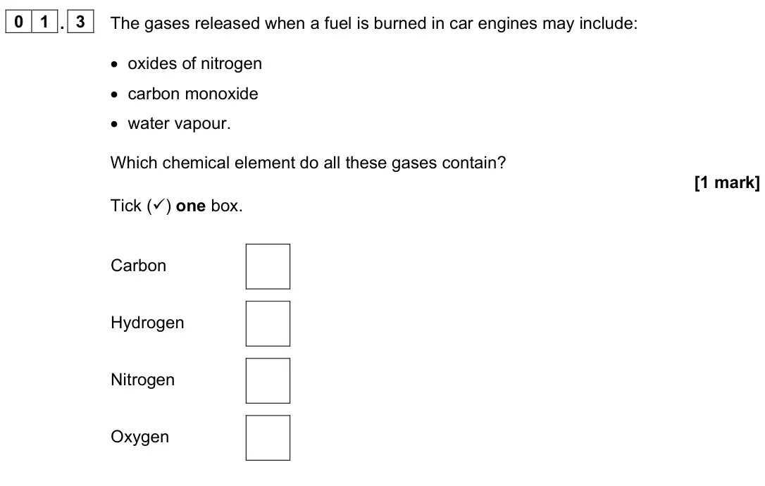 June 2023 Chemistry Paper 2 Higher, question 01.3: The gases released when a fuel is burned in car engines may include: • oxides of nitrogen • carbon monoxide • water vapour. Which chemical element do all these