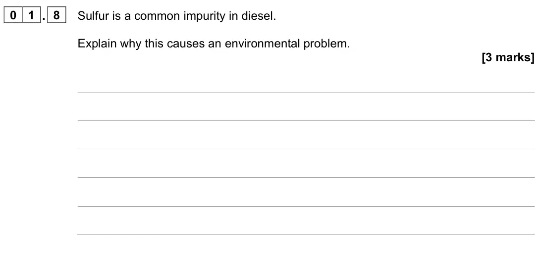 June 2023 Chemistry Paper 2 Higher, question 01.8: Sulfur is a common impurity in diesel. Explain why this causes an environmental problem. [3 marks]