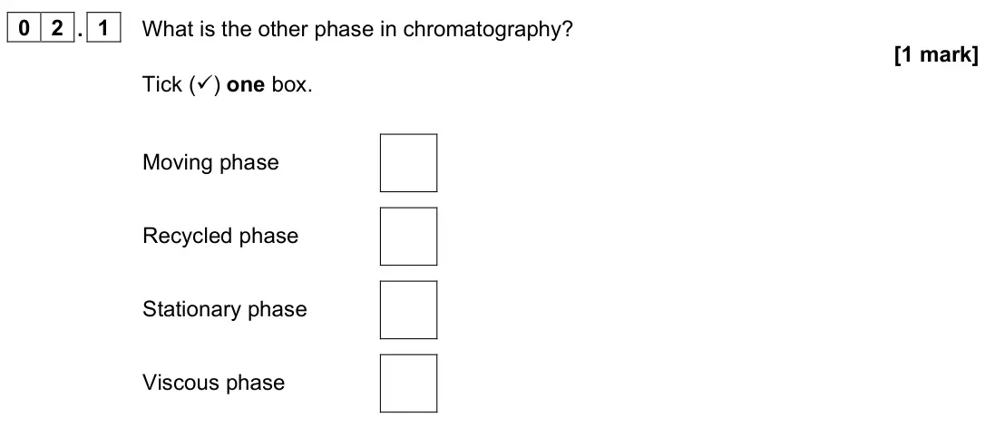 June 2023 Chemistry Paper 2 Higher, question 02.1: What is the other phase in chromatography? [1 mark] Tick () one box. Moving phase Recycled phase Stationary phase Viscous phase