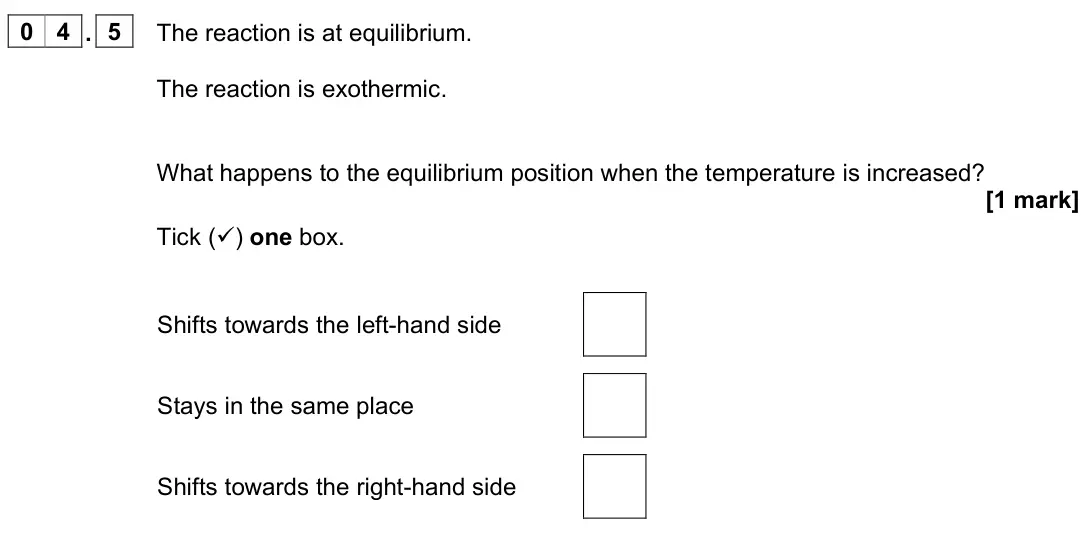 June 2023 Chemistry Paper 2 Higher, question 04.5: The reaction is at equilibrium. The reaction is exothermic. What happens to the equilibrium position when the temperature is increased? [1 mark] Tick () one bo