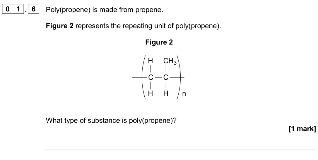 June 2024 Chemistry Paper 2 Higher, question 01.6: Poly(propene) is made from propene. Figure 2 represents the repeating unit of poly(propene). Figure 2 What type of substance is poly(propene)? [1 mark]