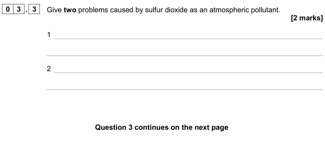 June 2024 Chemistry Paper 2 Higher, question 03.3: Give two problems caused by sulfur dioxide as an atmospheric pollutant. [2 marks] 1 2