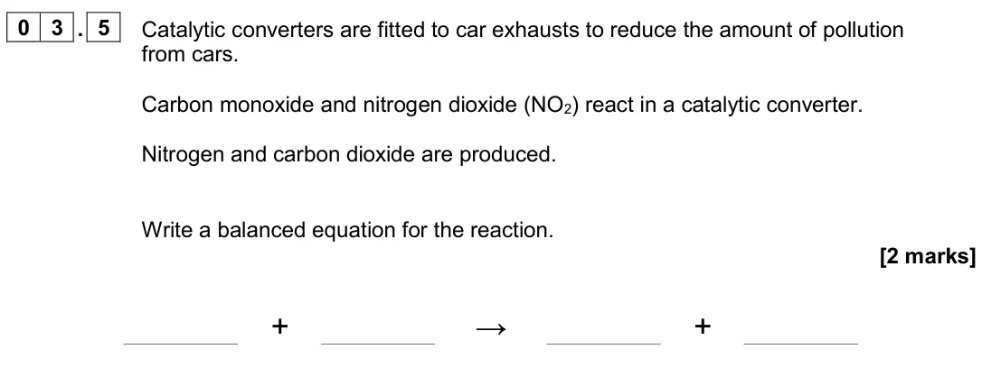 June 2024 Chemistry Paper 2 Higher, question 03.5: Catalytic converters are fitted to car exhausts to reduce the amount of pollution from cars. Carbon monoxide and nitrogen dioxide (NO2) react in a catalytic con