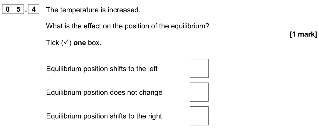 June 2024 Chemistry Paper 2 Higher, question 05.4: The temperature is increased. What is the effect on the position of the equilibrium? [1 mark] Tick () one box. Equilibrium position shifts to the left Equilibr