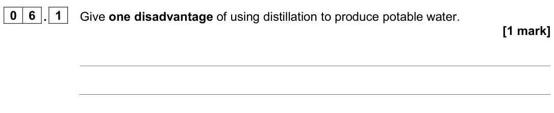 June 2024 Chemistry Paper 2 Higher, question 06.1: Give one disadvantage of using distillation to produce potable water. [1 mark]