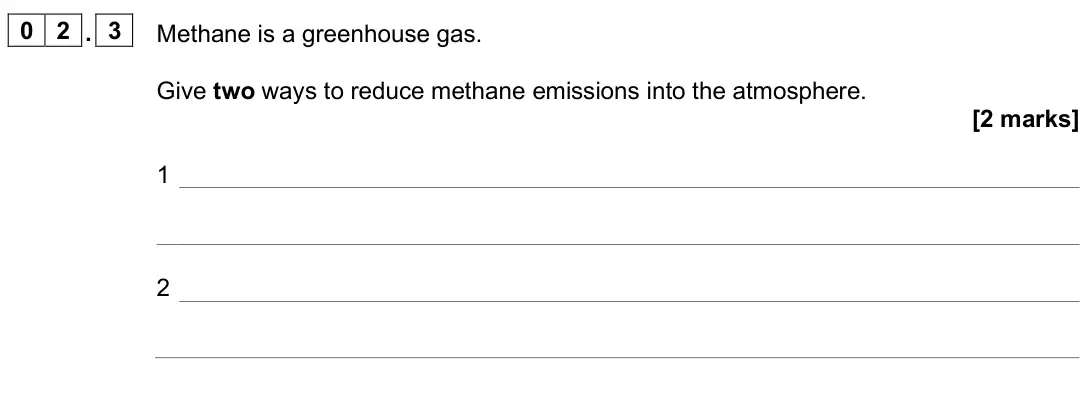 June 2025 Chemistry Paper 2 Higher, question 02.3: Methane is a greenhouse gas. Give two ways to reduce methane emissions into the atmosphere. [2 marks] 1 2