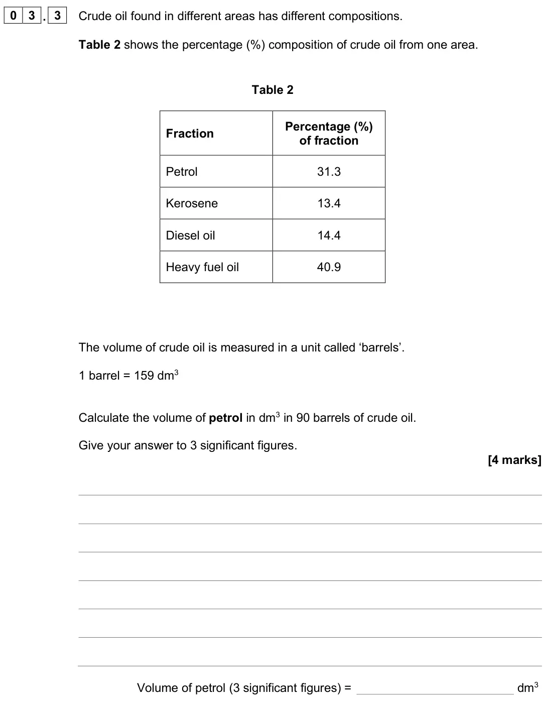 June 2025 Chemistry Paper 2 Higher, question 03.3: Crude oil found in different areas has different compositions. Table 2 shows the percentage (%) composition of crude oil from one area. Table 2 Fraction Percent