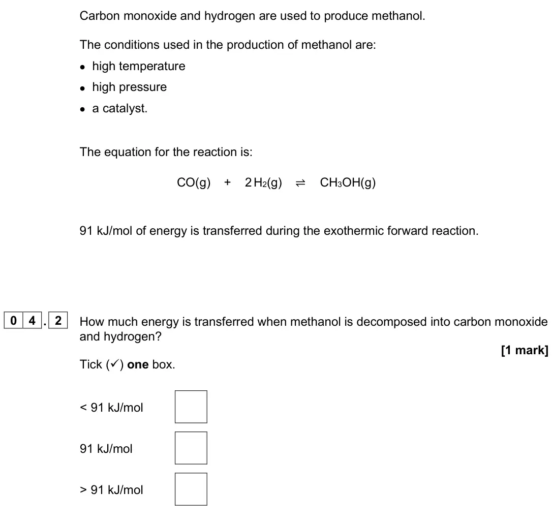 June 2025 Chemistry Paper 2 Higher, question 04.2: How much energy is transferred when methanol is decomposed into carbon monoxide and hydrogen? [1 mark] Tick () one box. < 91 kJ/mol 91 kJ/mol > 91 kJ/mol