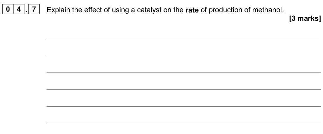 June 2025 Chemistry Paper 2 Higher, question 04.7: Explain the effect of using a catalyst on the rate of production of methanol. [3 marks]