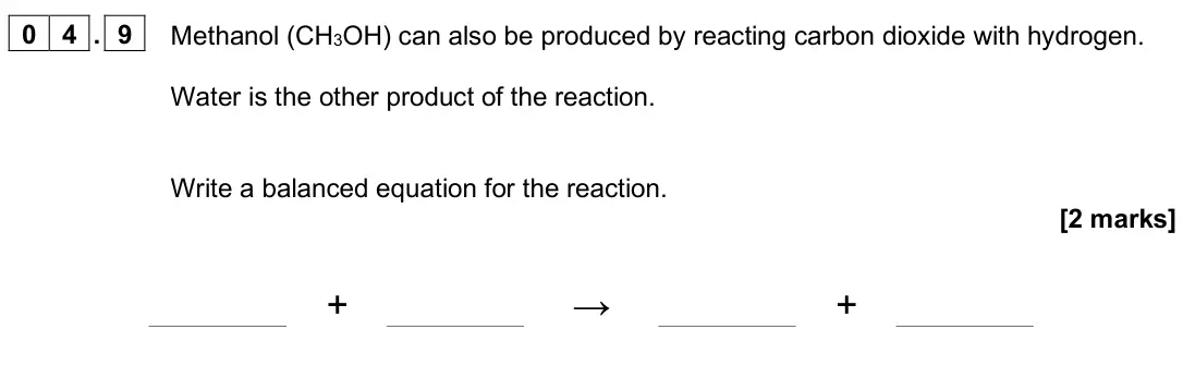 June 2025 Chemistry Paper 2 Higher, question 04.9: Methanol (CH3OH) can also be produced by reacting carbon dioxide with hydrogen. Water is the other product of the reaction. Write a balanced equation for the re