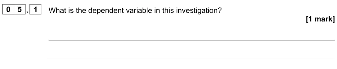 June 2025 Chemistry Paper 2 Higher, question 05.1: What is the dependent variable in this investigation? [1 mark]