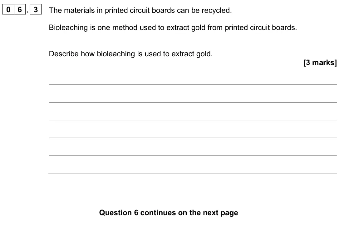 June 2025 Chemistry Paper 2 Higher, question 06.3: The materials in printed circuit boards can be recycled. Bioleaching is one method used to extract gold from printed circuit boards. Describe how bioleaching is