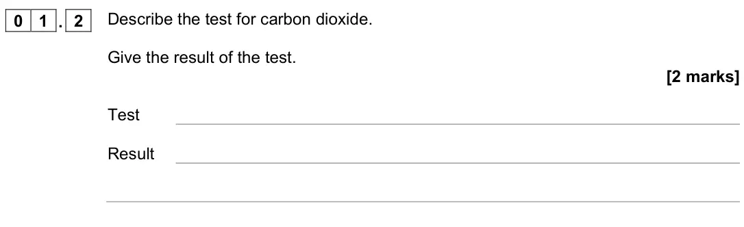 November 2020 Chemistry Paper 2 Higher, question 01.2: Describe the test for carbon dioxide. Give the result of the test. [2 marks] Test Result