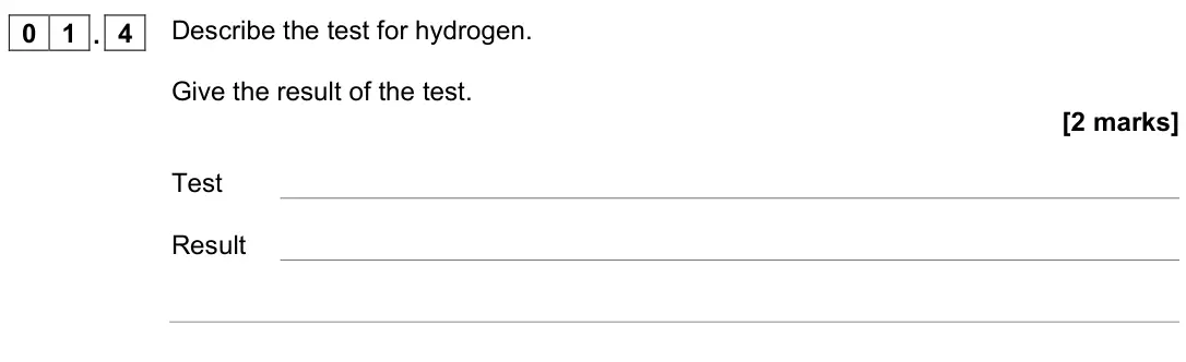 November 2020 Chemistry Paper 2 Higher, question 01.4: Describe the test for hydrogen. Give the result of the test. [2 marks] Test Result