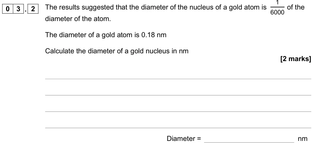 June 2019 Physics Paper 1 Foundation, question 03.2: Diameter = nm
