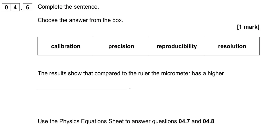June 2022 Physics Paper 1 Foundation, question 04.6: Complete the sentence. Choose the answer from the box. [1 mark] calibration precision reproducibility resolution The results show that compared to the ruler the