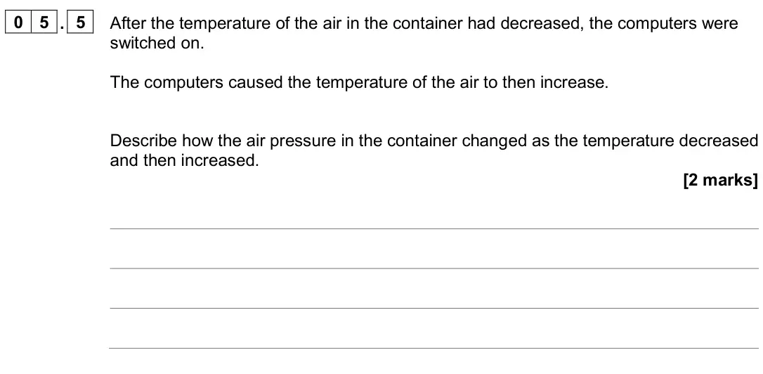 June 2024 Physics Paper 1 Foundation, question 05.5: After the temperature of the air in the container had decreased, the computers were switched on. The computers caused the temperature of the air to then increas