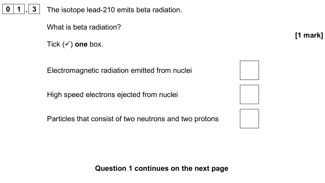 June 2025 Physics Paper 1 Foundation, question 01.3: The isotope lead-210 emits beta radiation. What is beta radiation? [1 mark] Tick () one box. Electromagnetic radiation emitted from nuclei High speed electrons