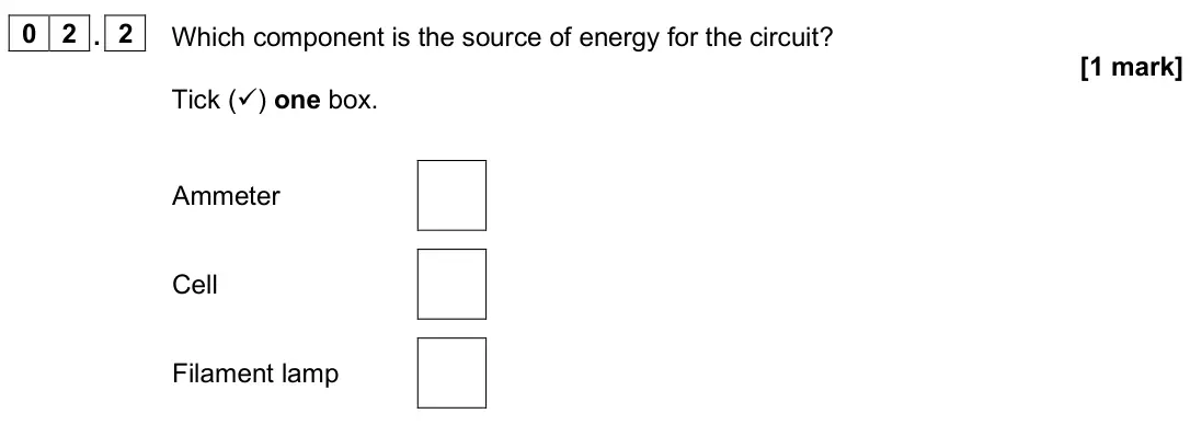 June 2025 Physics Paper 1 Foundation, question 02.2: Which component is the source of energy for the circuit? [1 mark] Tick () one box. Ammeter Cell Filament lamp