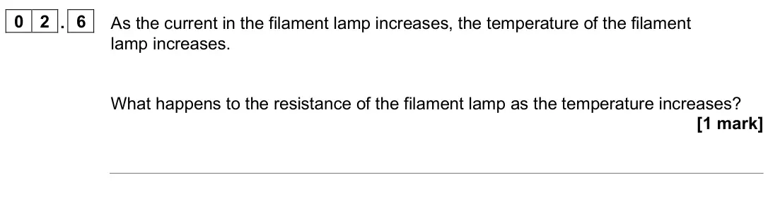 June 2025 Physics Paper 1 Foundation, question 02.6: As the current in the filament lamp increases, the temperature of the filament lamp increases. What happens to the resistance of the filament lamp as the temper