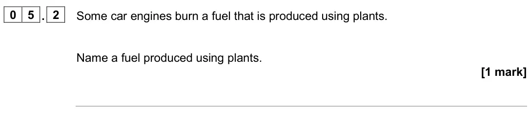 June 2025 Physics Paper 1 Foundation, question 05.2: Some car engines burn a fuel that is produced using plants. Name a fuel produced using plants. [1 mark]