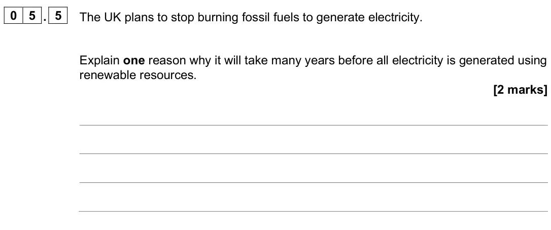 June 2025 Physics Paper 1 Foundation, question 05.5: The UK plans to stop burning fossil fuels to generate electricity. Explain one reason why it will take many years before all electricity is generated using rene