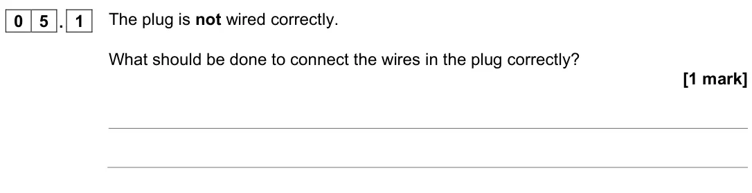 November 2020 Physics Paper 1 Foundation, question 05.1: The plug is not wired correctly. What should be done to connect the wires in the plug correctly? [1 mark]