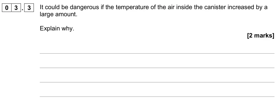 June 2018 Physics Paper 1 Higher, question 03.3: It could be dangerous if the temperature of the air inside the canister increased by a large amount. Explain why. [2 marks]