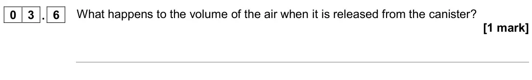 June 2018 Physics Paper 1 Higher, question 03.6: What happens to the volume of the air when it is released from the canister? [1 mark]