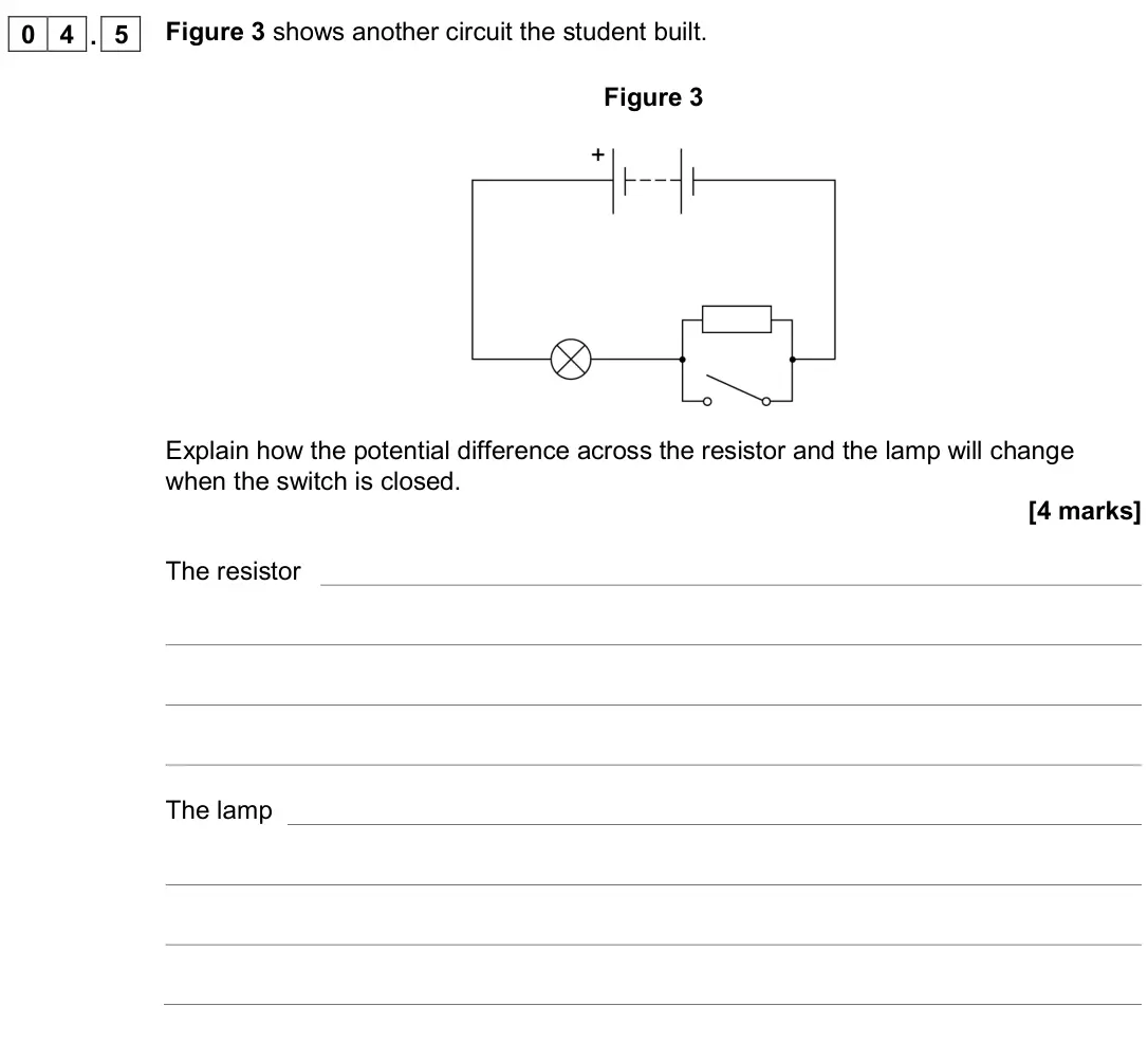 June 2019 Physics Paper 1 Higher, question 04.5: Figure 3 shows another circuit the student built. Figure 3 Explain how the potential difference across the resistor and the lamp will change when the switch is 
