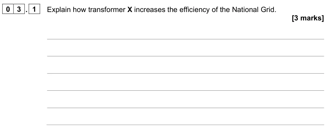 June 2023 Physics Paper 1 Higher, question 03.1: Explain how transformer X increases the efficiency of the National Grid. [3 marks]