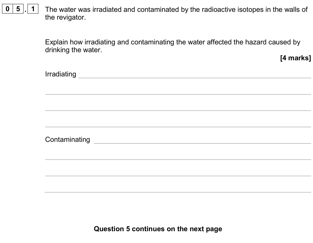June 2024 Physics Paper 1 Higher, question 05.1: The water was irradiated and contaminated by the radioactive isotopes in the walls of the revigator. Explain how irradiating and contaminating the water affecte