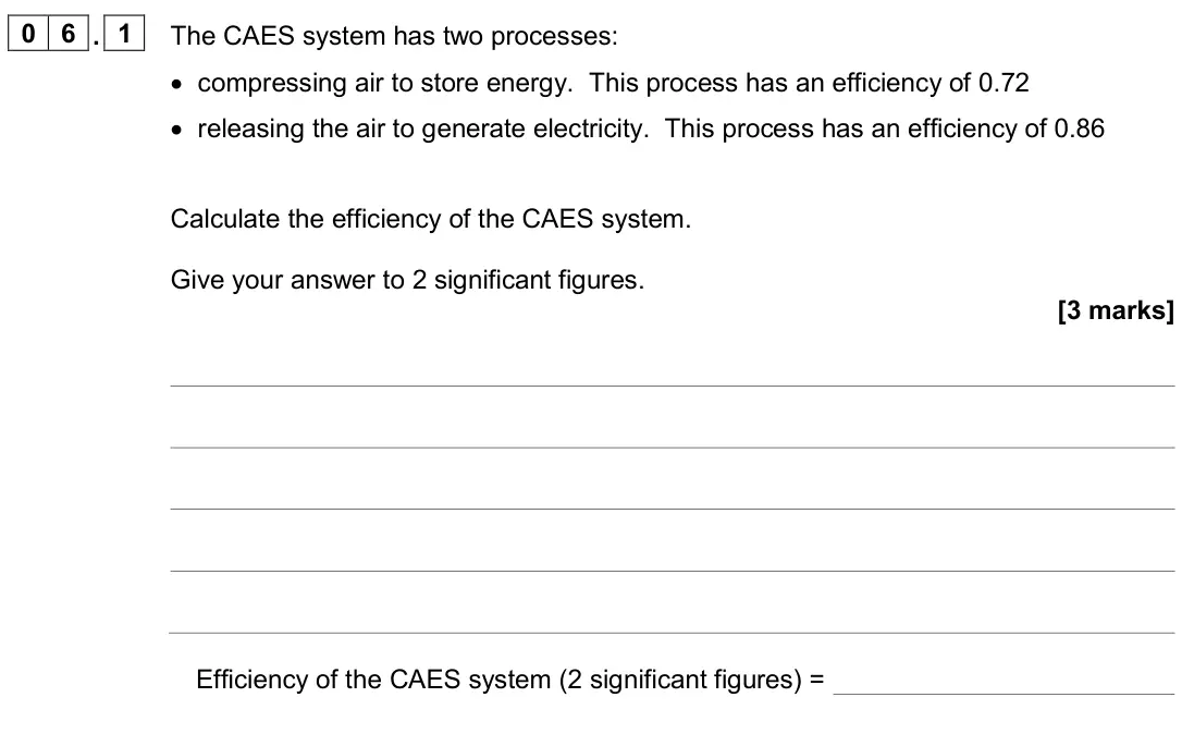 June 2024 Physics Paper 1 Higher, question 06.1: The CAES system has two processes: • compressing air to store energy. This process has an efficiency of 0.72 • releasing the air to generate electricity. This p