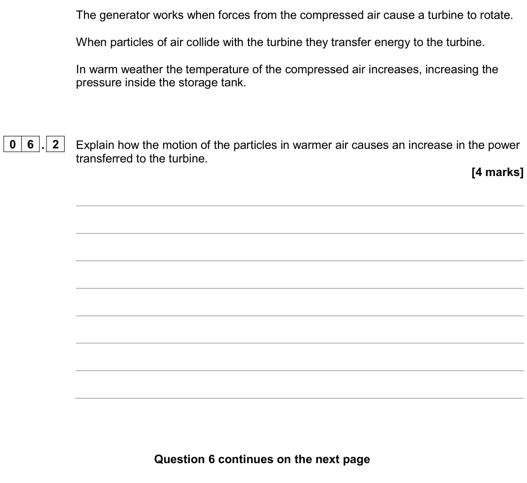 June 2024 Physics Paper 1 Higher, question 06.2: Explain how the motion of the particles in warmer air causes an increase in the power transferred to the turbine. [4 marks]