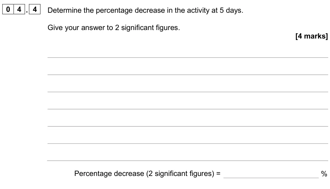 June 2025 Physics Paper 1 Higher, question 04.4: Determine the percentage decrease in the activity at 5 days. Give your answer to 2 significant figures. [4 marks] Percentage decrease (2 significant figures) = 