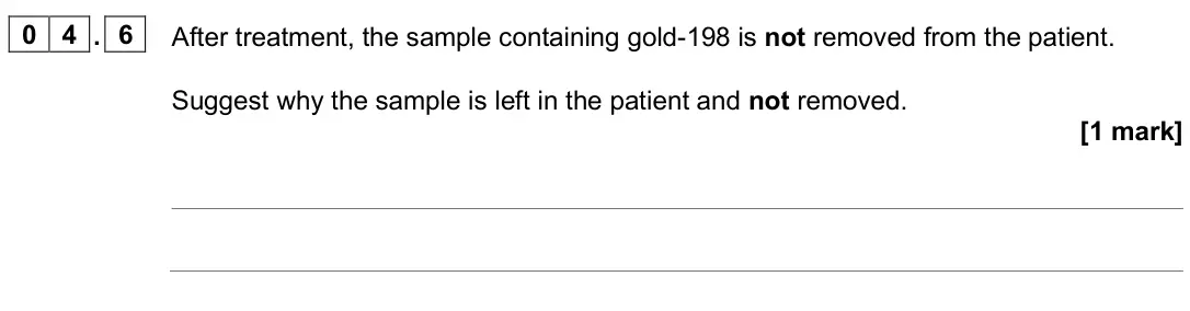 June 2025 Physics Paper 1 Higher, question 04.6: After treatment, the sample containing gold-198 is not removed from the patient. Suggest why the sample is left in the patient and not removed. [1 mark]
