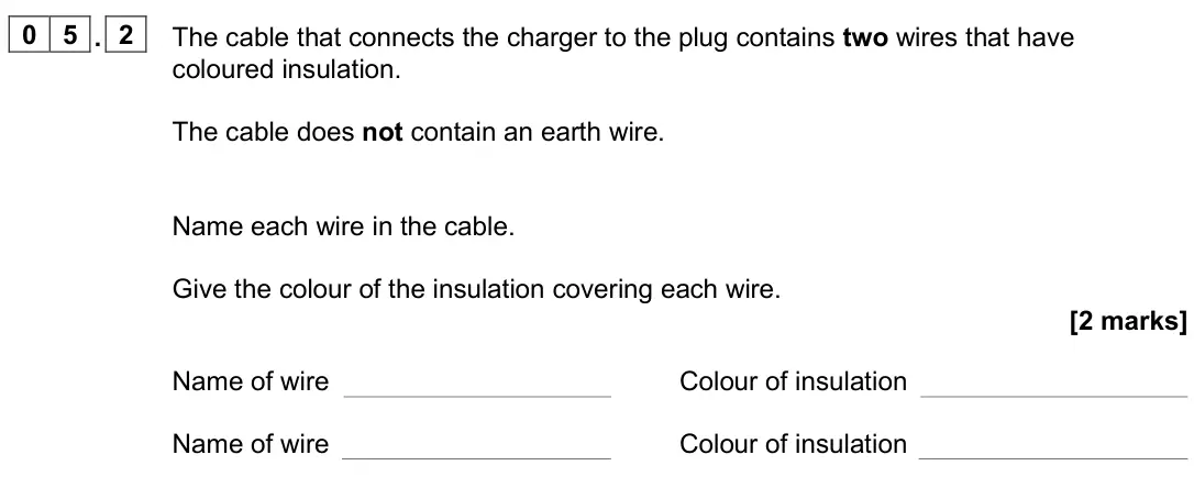 June 2025 Physics Paper 1 Higher, question 05.2: The cable that connects the charger to the plug contains two wires that have coloured insulation. The cable does not contain an earth wire. Name each wire in th