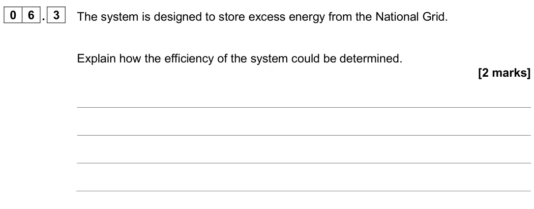 June 2025 Physics Paper 1 Higher, question 06.3: The system is designed to store excess energy from the National Grid. Explain how the efficiency of the system could be determined. [2 marks]