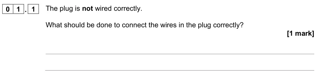 November 2020 Physics Paper 1 Higher, question 01.1: The plug is not wired correctly. What should be done to connect the wires in the plug correctly? [1 mark]