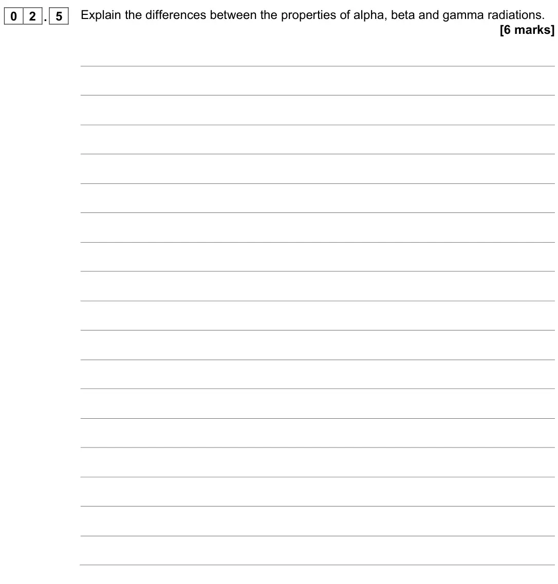 November 2020 Physics Paper 1 Higher, question 02.5: Explain the differences between the properties of alpha, beta and gamma radiations. [6 marks]